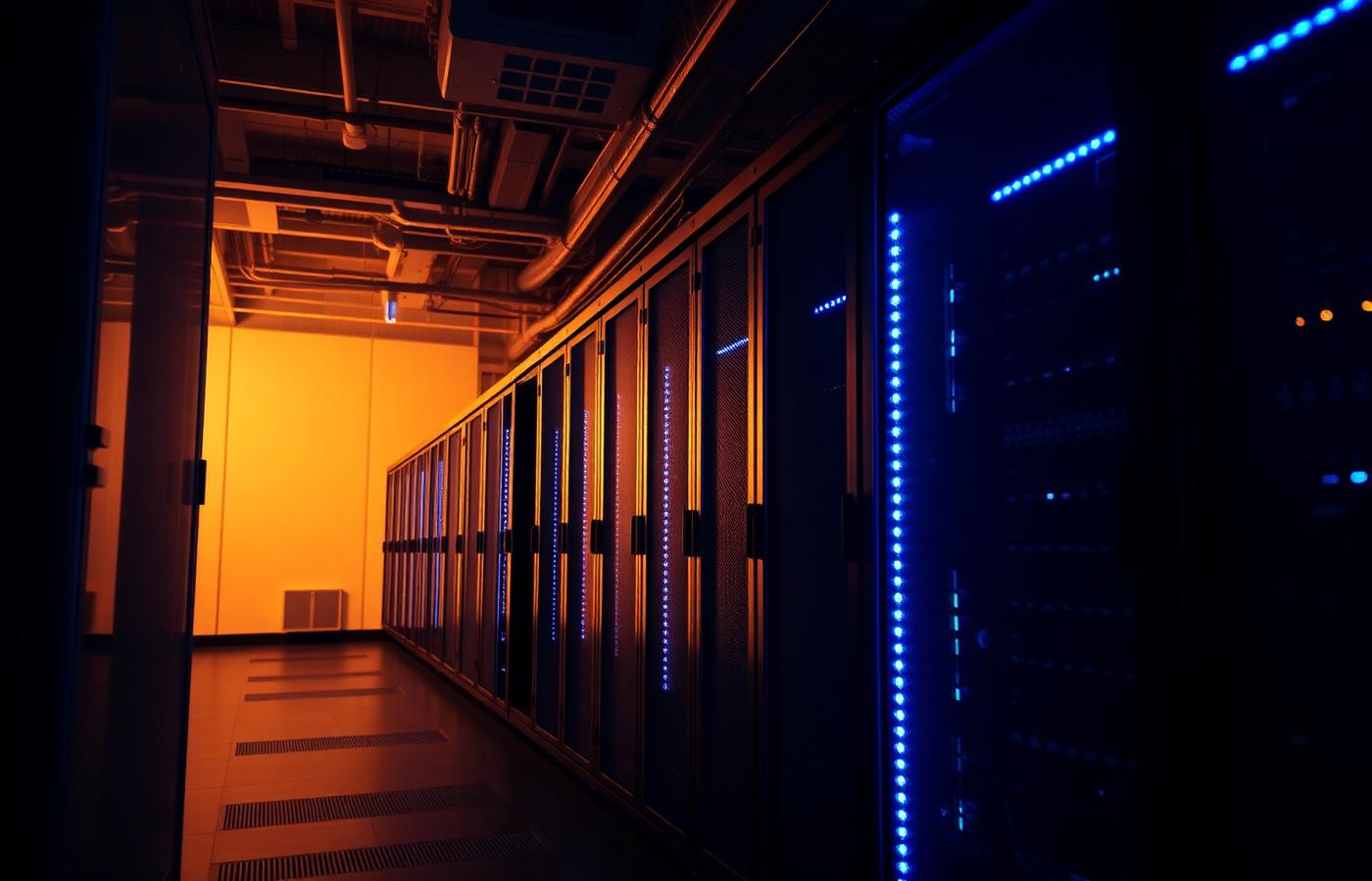 Data centre corridor with warm lighting and blue server LEDs