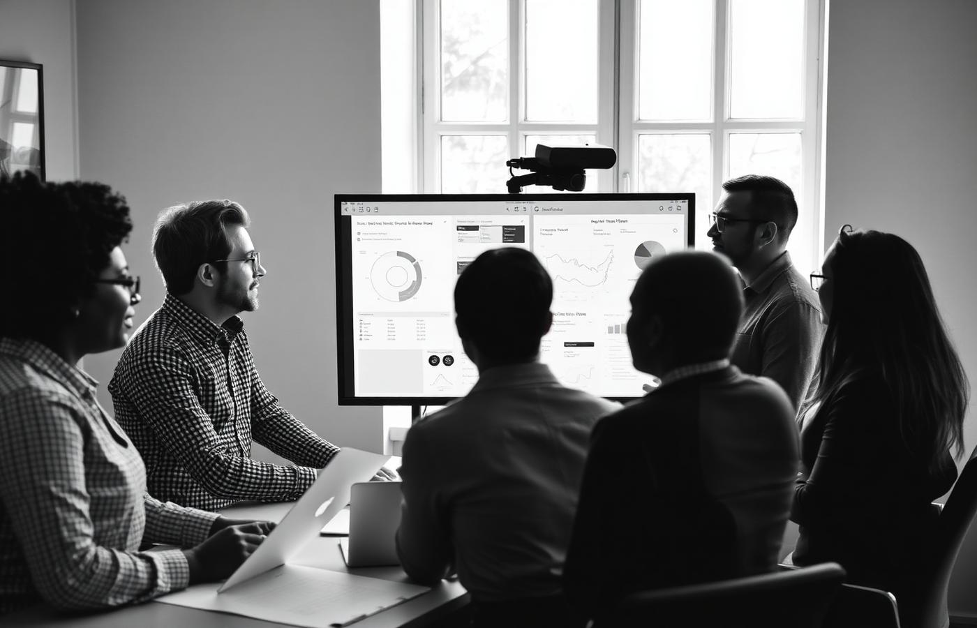 A small team reviewing charts and interface work on a large monitor